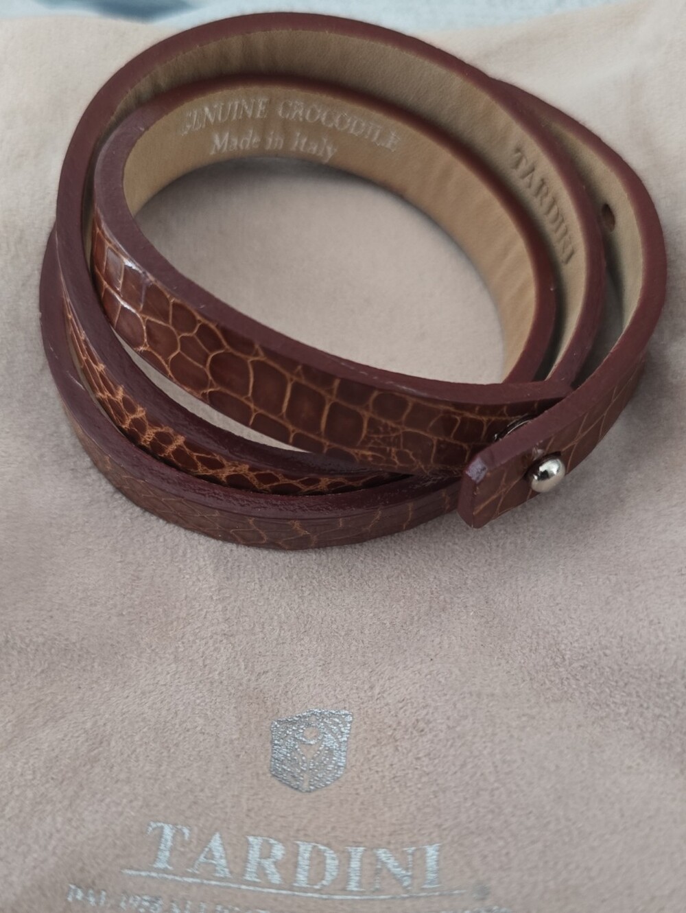 NWT Tardini Italy Genuine Crocodile Double Wrap Leather Bracelet Brown w/ Bag
